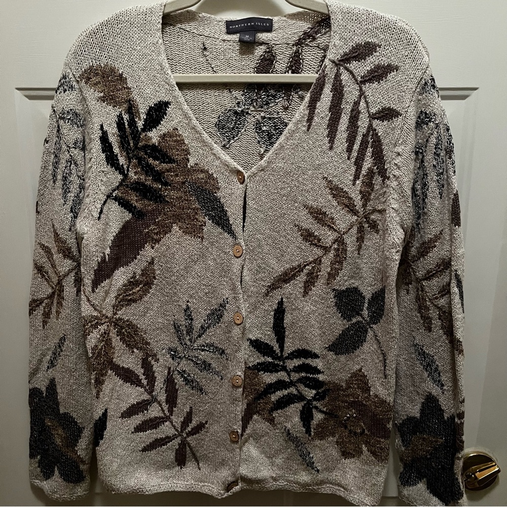 Northern Isles Leaf Pattern Cardigan Beige Brown Medium Cotton Linen